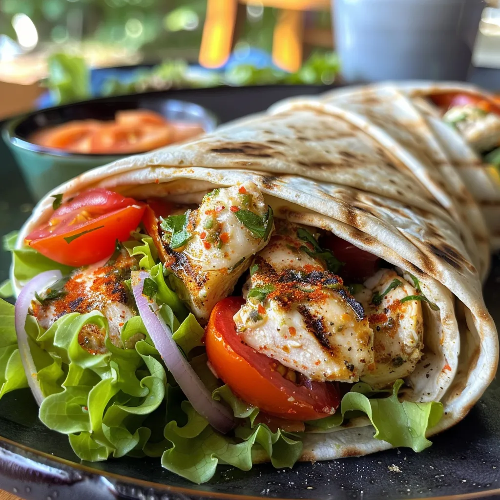 Nahaufnahme eines Wraps gefüllt mit gegrilltem Hühnchen und Gemüse.