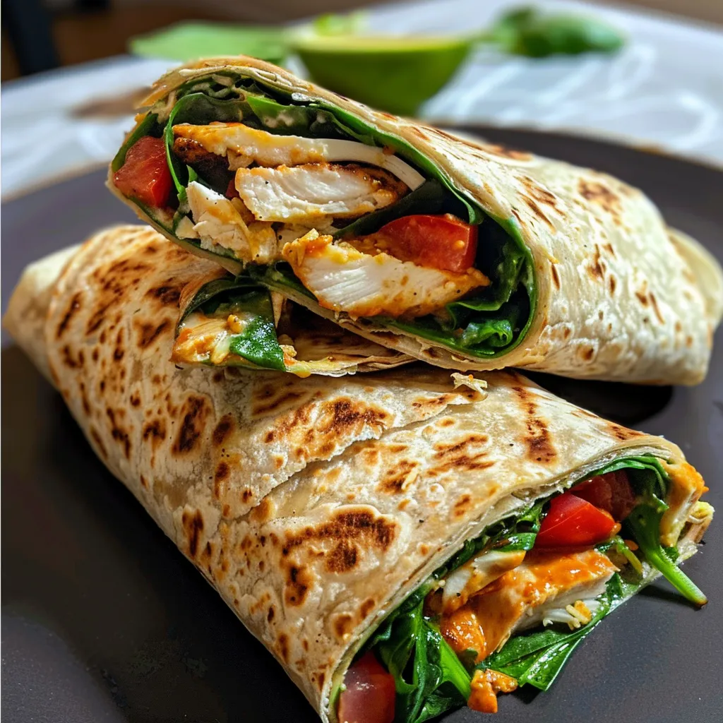 Seitenansicht eines frisch zubereiteten, gefüllten Wraps mit Hähnchen und Gemüse.