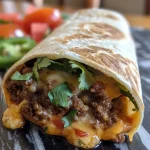 Nahaufnahme eines saftigen Beef Wraps mit geschmolzenem Nacho-Käse.