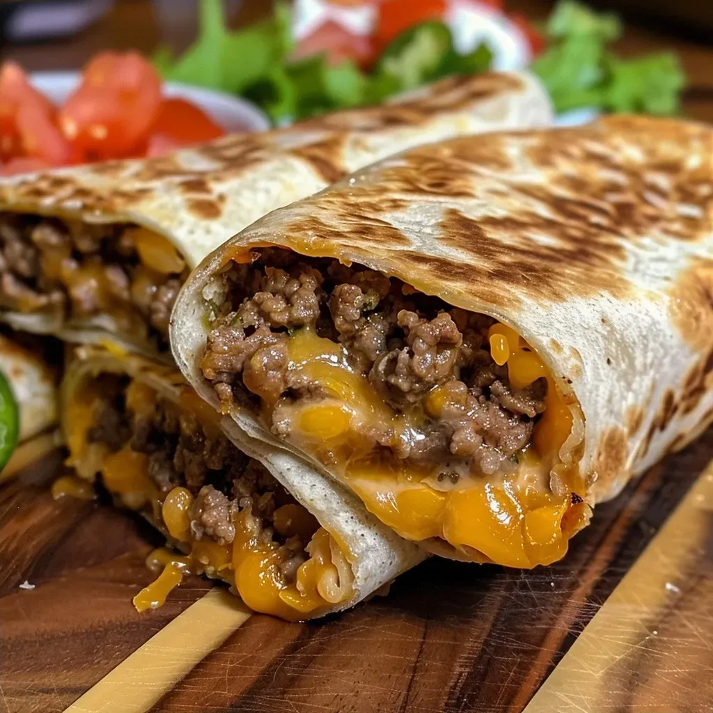 Seiteansicht eines gefüllten Wraps mit Rinderhackfleisch und Nacho-Käse.