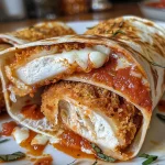 Nahaufnahme von einem gefüllten Chicken Parmesan Wrap auf einem Holzbrett.