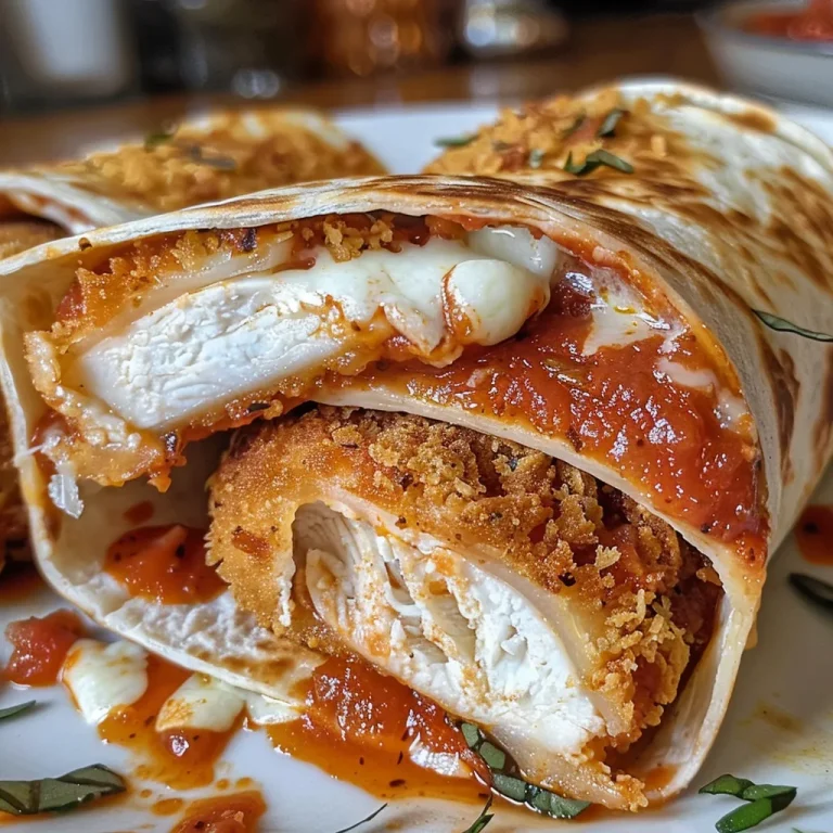 Nahaufnahme von einem gefüllten Chicken Parmesan Wrap auf einem Holzbrett.