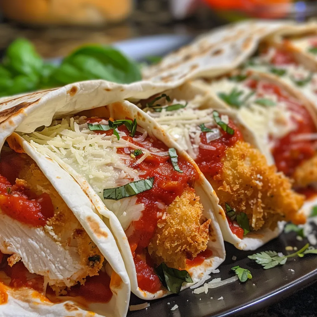 Seiteansicht eines saftigen Chicken Parmesan Wrap mit Käse und Marinara-Sauce.