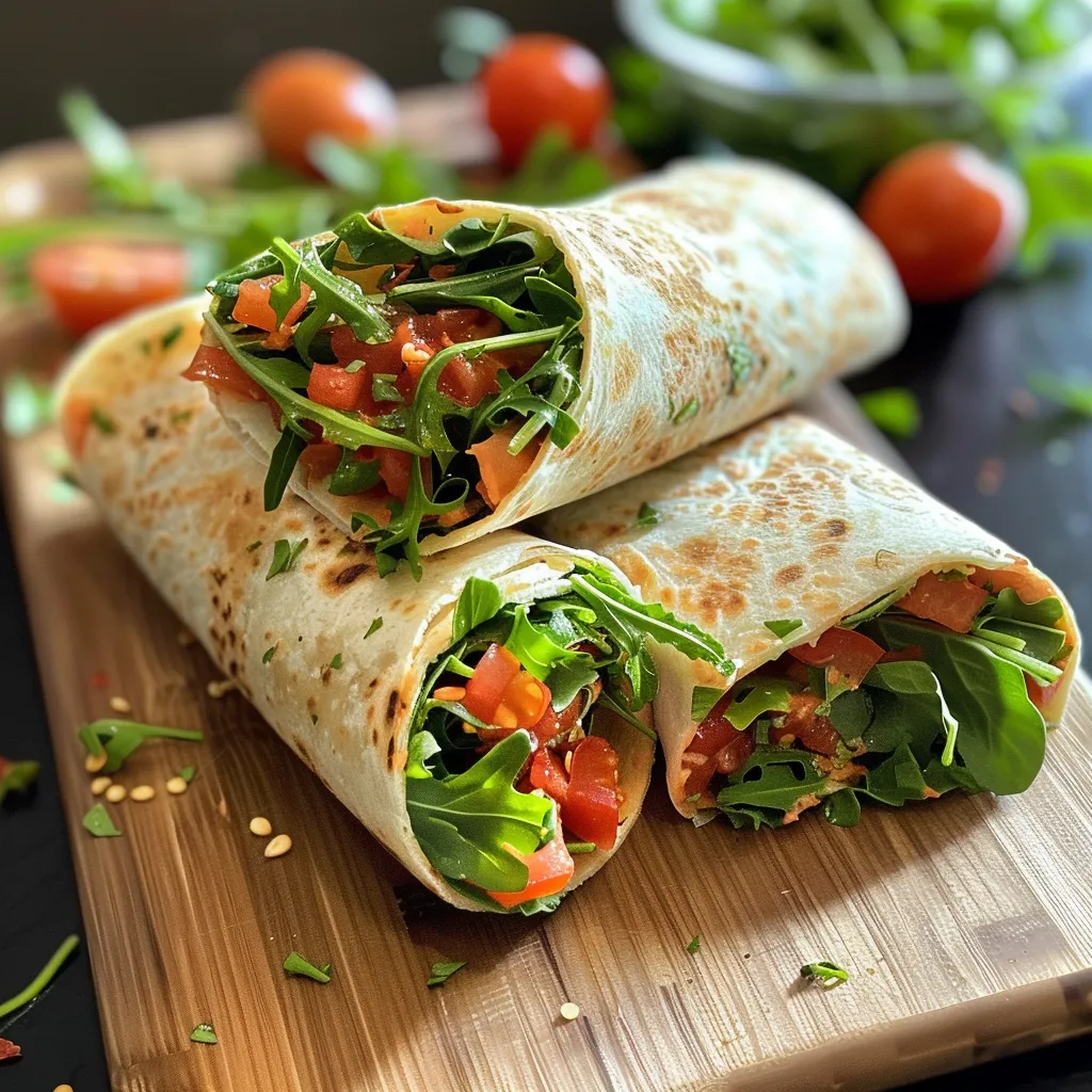 Nahaufnahme von schmackhaften Wraps, gefüllt mit Rucola und Frischkäse.