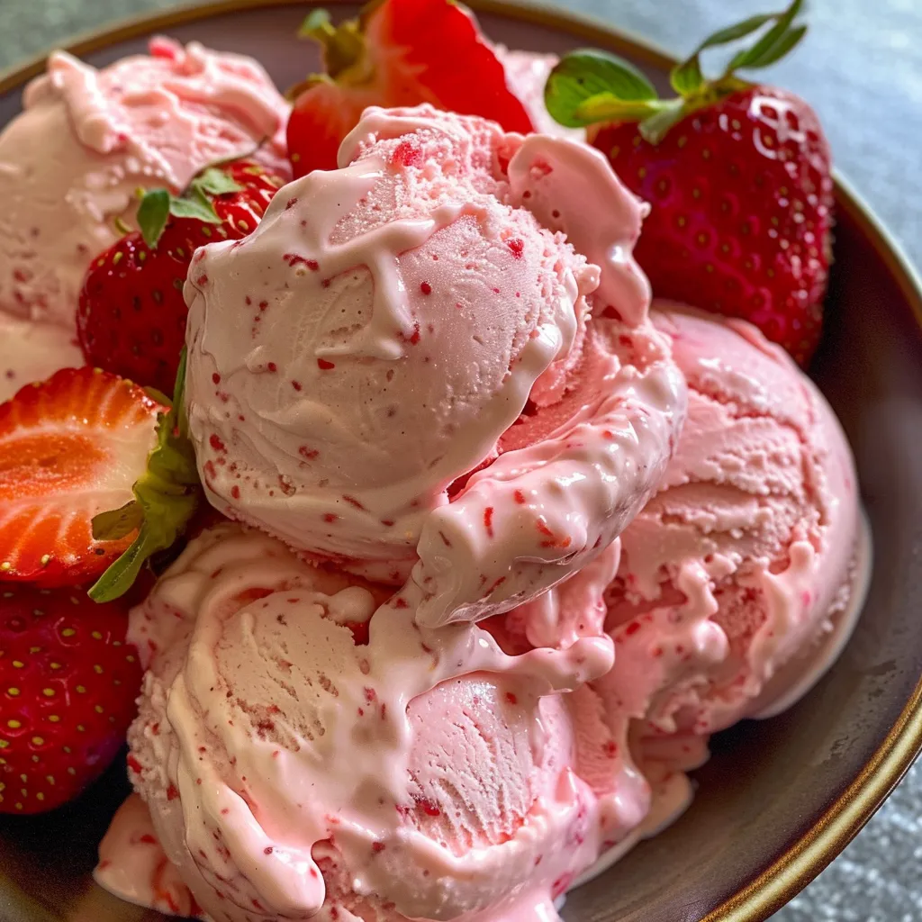 Seitenansicht einer Schale mit gefrorenem Erdbeerjoghurt und Beeren.