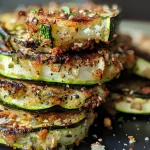 Nahaufnahme eines knusprigen Zucchini-Puffers mit goldbrauner Oberfläche.