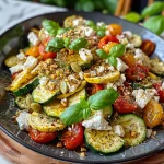 Nahaufnahme von Zucchinigemüse mit Kirschtomaten und Feta auf einem Blech.