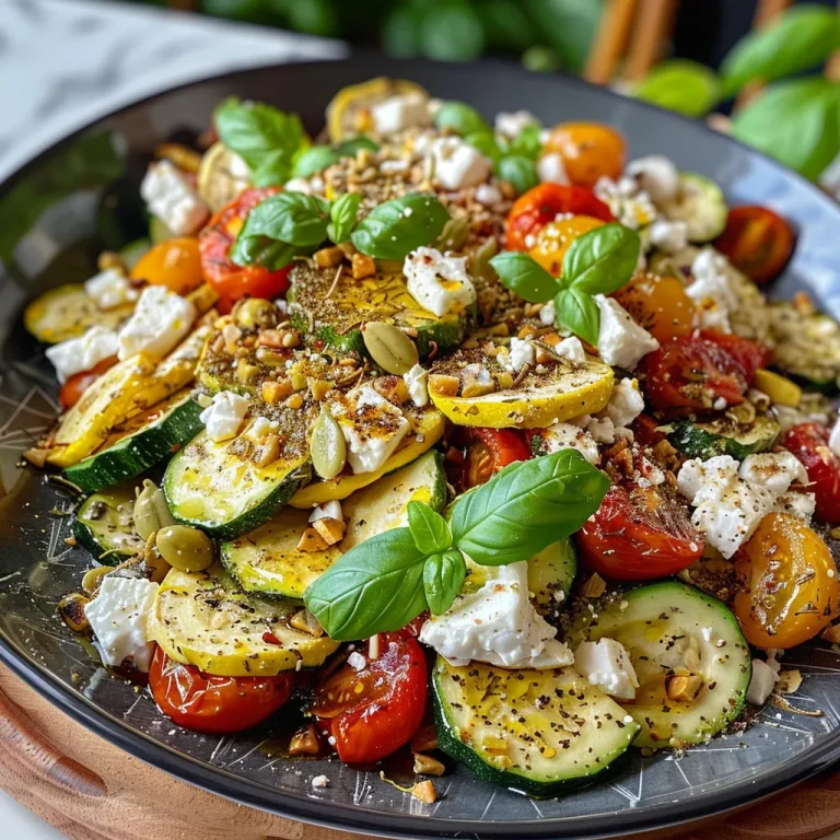 Nahaufnahme von Zucchinigemüse mit Kirschtomaten und Feta auf einem Blech.