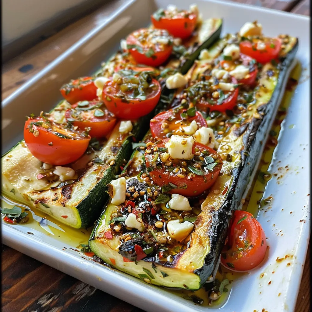Seiteansicht von geröstetem Zucchinigemüse und Kräutern auf einem Backblech.