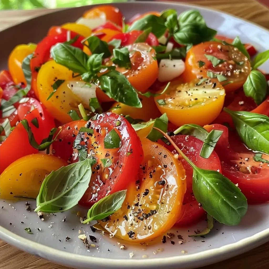 ['Close-up of a colorful protein tomato salad featuring cherry tomatoes and garnishes.', 'Side view of a vibrant tomato salad with fresh herbs and cheese on a plate.', 'Juicy tomato salad with ingredients like cherry tomatoes and basil, displayed in a bowl.', 'Detailed look at a protein-packed salad with tomatoes, cheese, and spices.']