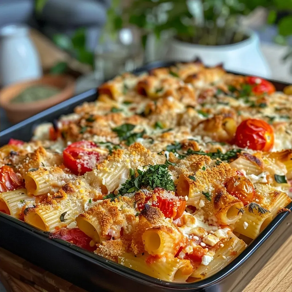 ['Close-up of a bowl of Baked Feta Pasta with cherry tomatoes and herbs.', 'Side view of creamy Baked Feta Pasta topped with fresh basil.', 'Juicy Baked Feta Pasta with vibrant cherry tomatoes and garlic.', 'Delicious Baked Feta Pasta dish garnished with Italian herbs.']