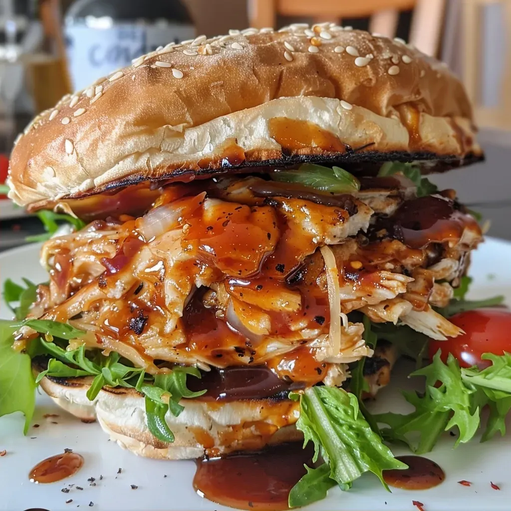 Close-up view of a vibrant BBQ chicken salad with colorful vegetables.