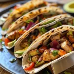['Juicy Blechgebackene Hähnchen-Tacos arranged on a plate with toppings.', 'Close-up view of crispy Hähnchen-Tacos filled with chicken and toppings.', 'Side view of tacos showcasing chicken, beans, corn, and fresh garnish.', 'Colorful assortment of Blechgebackene Hähnchen-Tacos ready to be served.']