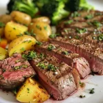 ['Close-up view of a juicy sheet pan steak with vibrant veggies, including broccoli, bell peppers, and baby potatoes.', 'Side profile of a deliciously cooked sirloin steak surrounded by colorful roasted vegetables on a sheet pan.', 'An appetizing arrangement of steak and mixed vegetables displayed beautifully on a baking tray.', 'A mouth-watering close-up of seasoned steak and fresh vegetables ready to be served from a sheet pan.']