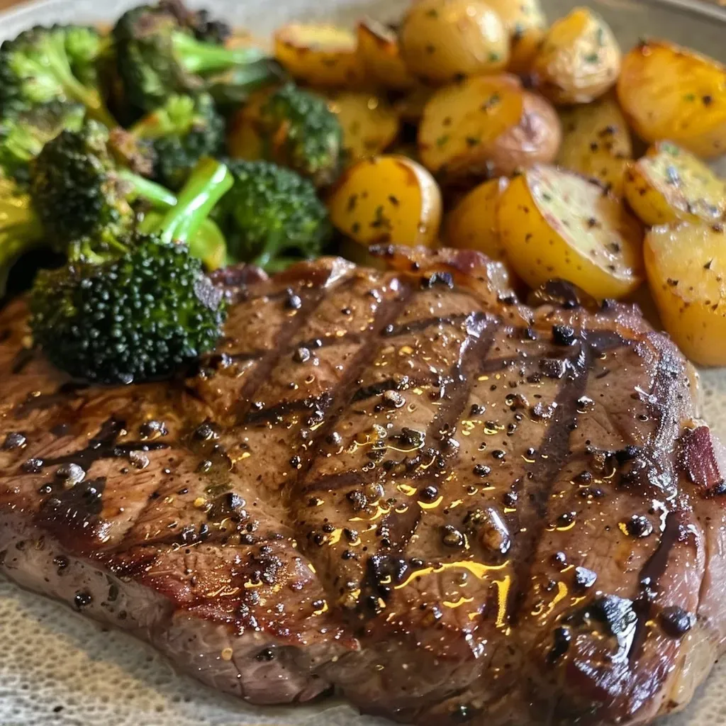 ['Close-up view of a juicy sheet pan steak with vibrant veggies, including broccoli, bell peppers, and baby potatoes.', 'Side profile of a deliciously cooked sirloin steak surrounded by colorful roasted vegetables on a sheet pan.', 'An appetizing arrangement of steak and mixed vegetables displayed beautifully on a baking tray.', 'A mouth-watering close-up of seasoned steak and fresh vegetables ready to be served from a sheet pan.']