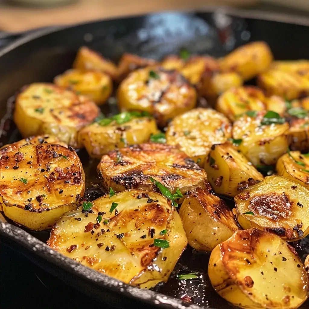 Close-up view of crispy Bratkartoffeln with golden edges and fresh herbs.