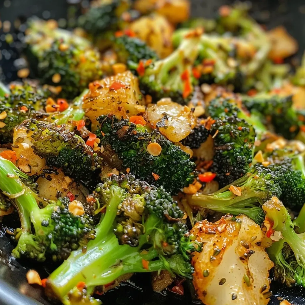 Close-up view of a colorful broccoli and carrot stir-fry with vibrant greens and oranges.