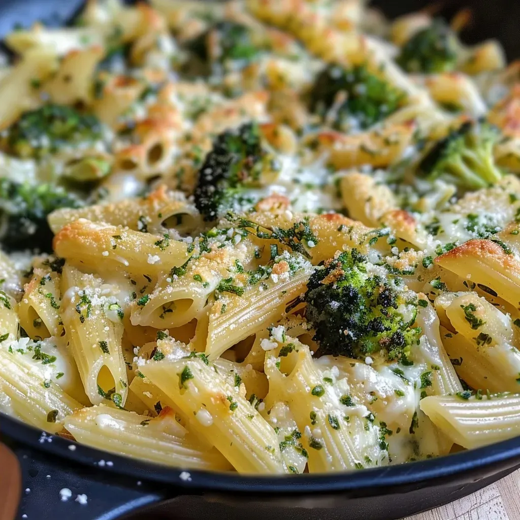 ['Close-up view of a creamy broccoli pasta bake, showcasing melted cheese on top.', 'A side view of a delicious broccoli noodle casserole with a golden crust.', 'Juicy broccoli and pasta bake with a rich cheese topping, displayed on a plate.', 'Pasta and broccoli casserole with herbs, ready to serve on a wooden table.']
