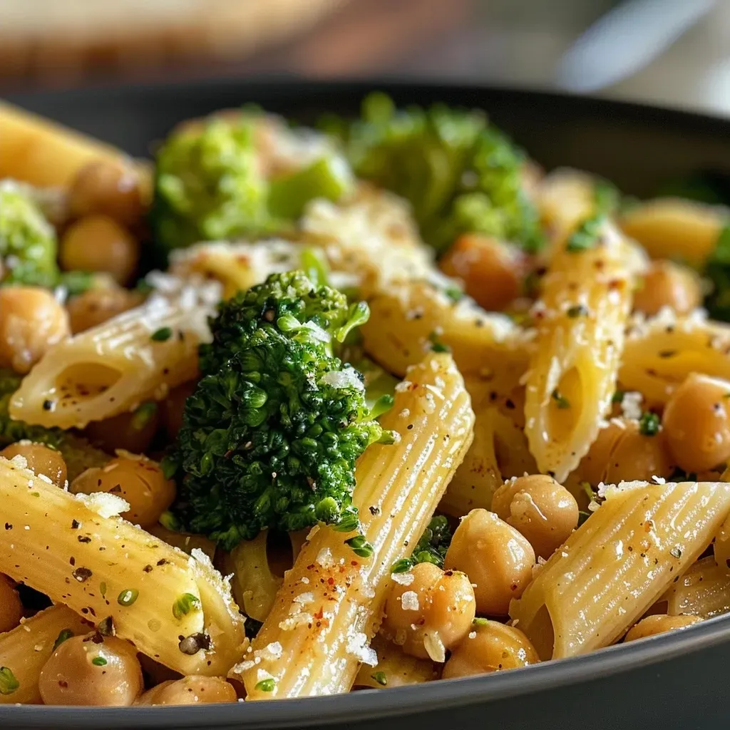 ['Close-up view of broccoli chickpea pasta in olive oil with garlic.', 'Side angle of a bowl filled with broccoli, chickpeas, and pasta garnished with herbs.', 'Juicy broccoli chickpea pasta showcasing vibrant green broccoli florets.', 'Detailed photograph of chickpea pasta dish with garlic and lemon zest.']