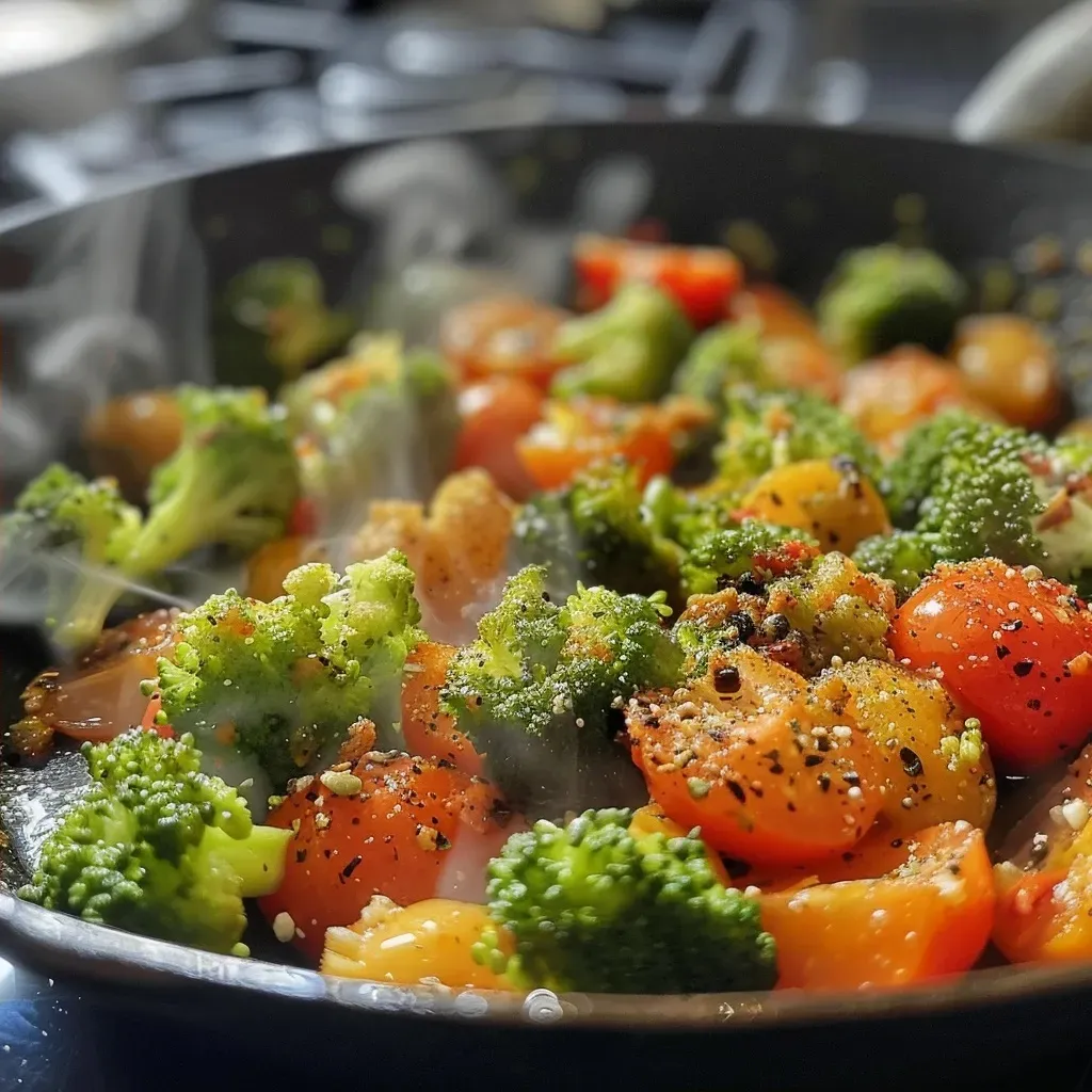 ['Close-up view of a vibrant Brokkoli Pfanne filled with broccoli, chickpeas, and spices.', 'A delicious stir-fried broccoli dish featuring chopped ingredients and fresh herbs.', 'Side view of a colorful pan showcasing sautéed broccoli and other vegetables.', 'Juicy Brokkoli Pfanne with a medley of ingredients, highlighting its fresh appearance.']