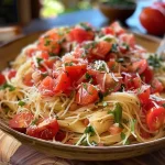['Close-up view of Bruschetta Chicken Pasta topped with diced tomatoes and basil.', 'Juicy Bruschetta Chicken Pasta with fresh ingredients and herbs, captured from the side.', 'Side view of a vibrant plate of Bruschetta Chicken Pasta, featuring tomatoes and chicken.', 'Detailed close-up of Bruschetta Chicken Pasta garnished with Parmesan and basil.']