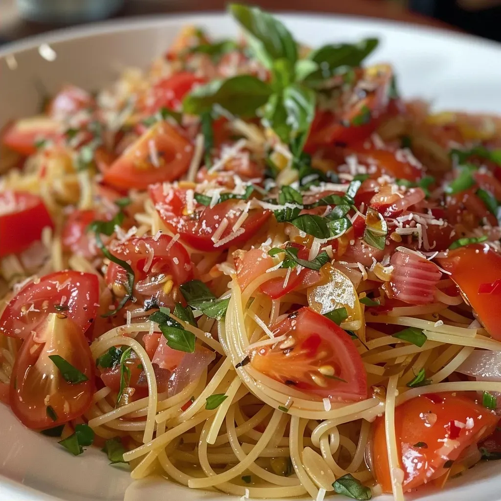 ['Close-up view of Bruschetta Chicken Pasta topped with diced tomatoes and basil.', 'Juicy Bruschetta Chicken Pasta with fresh ingredients and herbs, captured from the side.', 'Side view of a vibrant plate of Bruschetta Chicken Pasta, featuring tomatoes and chicken.', 'Detailed close-up of Bruschetta Chicken Pasta garnished with Parmesan and basil.']