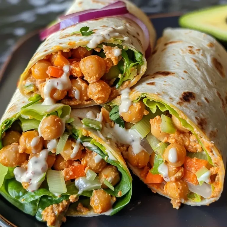['Close-up of a Buffalo chickpea wrap filled with colorful vegetables, served on a plate.', 'Side view of a juicy Buffalo Kichererbsen wrap, showcasing its vibrant ingredients and textures.', 'Detail shot of a wrapped Buffalo chickpea tortilla, highlighting the creamy avocado and fresh veggies inside.', 'Delicious Buffalo chickpea wraps arranged neatly, garnished and ready to eat.']