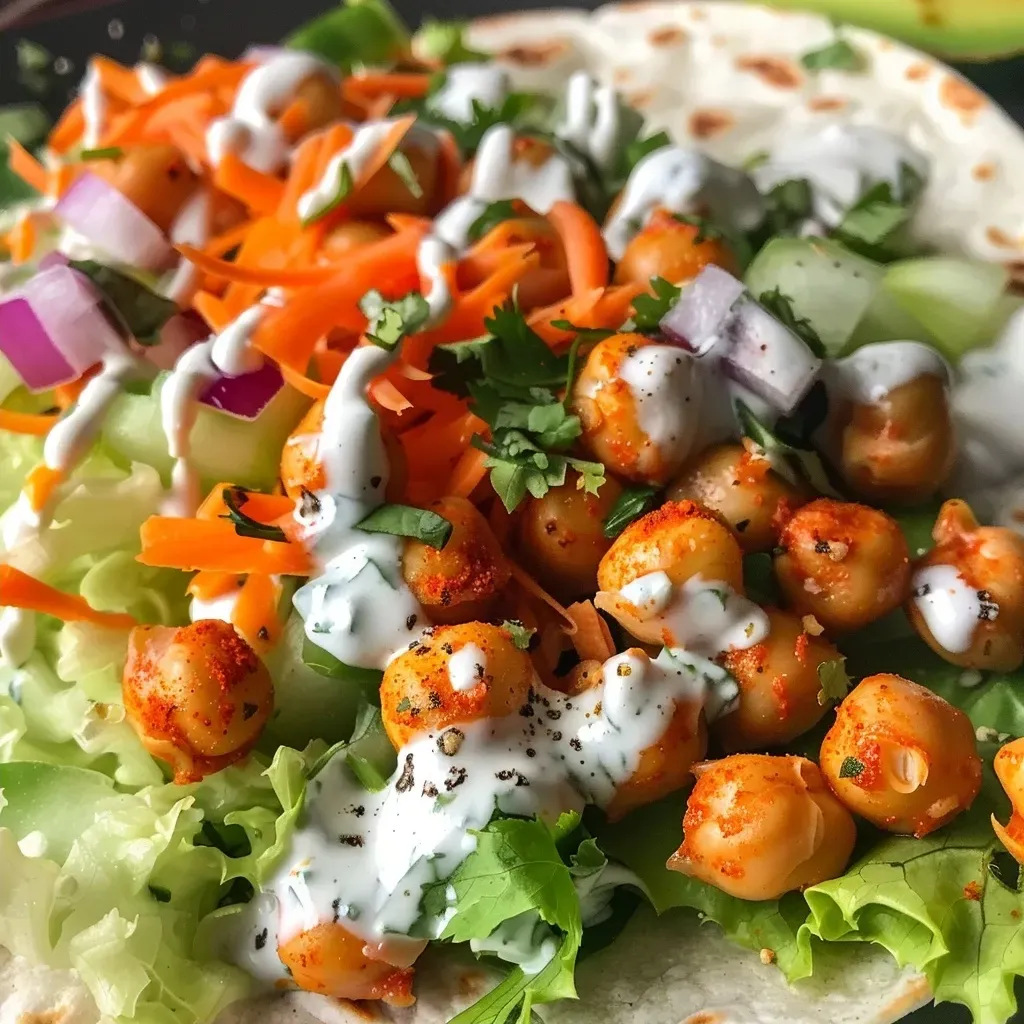 ['Close-up of a Buffalo chickpea wrap filled with colorful vegetables, served on a plate.', 'Side view of a juicy Buffalo Kichererbsen wrap, showcasing its vibrant ingredients and textures.', 'Detail shot of a wrapped Buffalo chickpea tortilla, highlighting the creamy avocado and fresh veggies inside.', 'Delicious Buffalo chickpea wraps arranged neatly, garnished and ready to eat.']