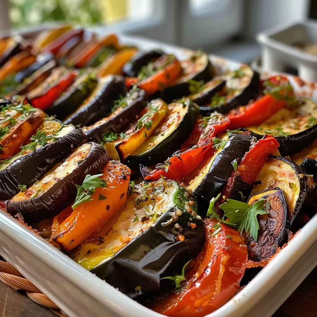 ['Close-up of a colorful vegetable casserole with layers of zucchini, eggplant, and bell peppers.', 'Side view of a baked vegetable dish showcasing vibrant zucchini, carrots, and broccoli.', 'Juicy vegetable casserole with a golden cheese topping, featuring a mix of fresh vegetables.', 'A hearty vegetable bake highlighted by bright colors and a creamy texture, garnished with cheese.']