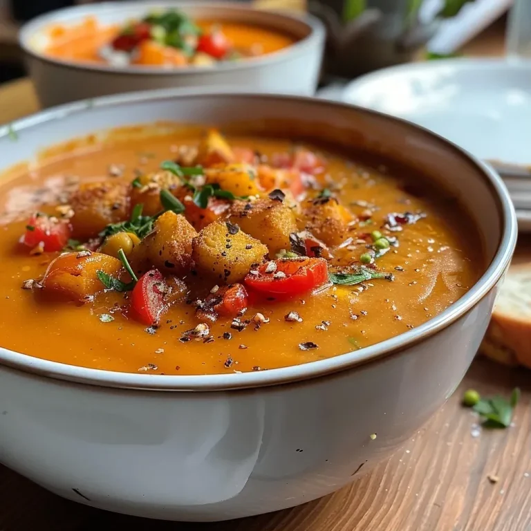 ['Close-up view of a rich, colorful Cabanossi Paprika soup with ingredients visible.', 'A delicious bowl of Cabanossi Paprika soup garnished with fresh herbs.', 'Side view of a steaming Cabanossi Paprika soup rich in red and orange hues.', 'Detailed close-up of a hearty Cabanossi and paprika soup showing its chunky texture.']