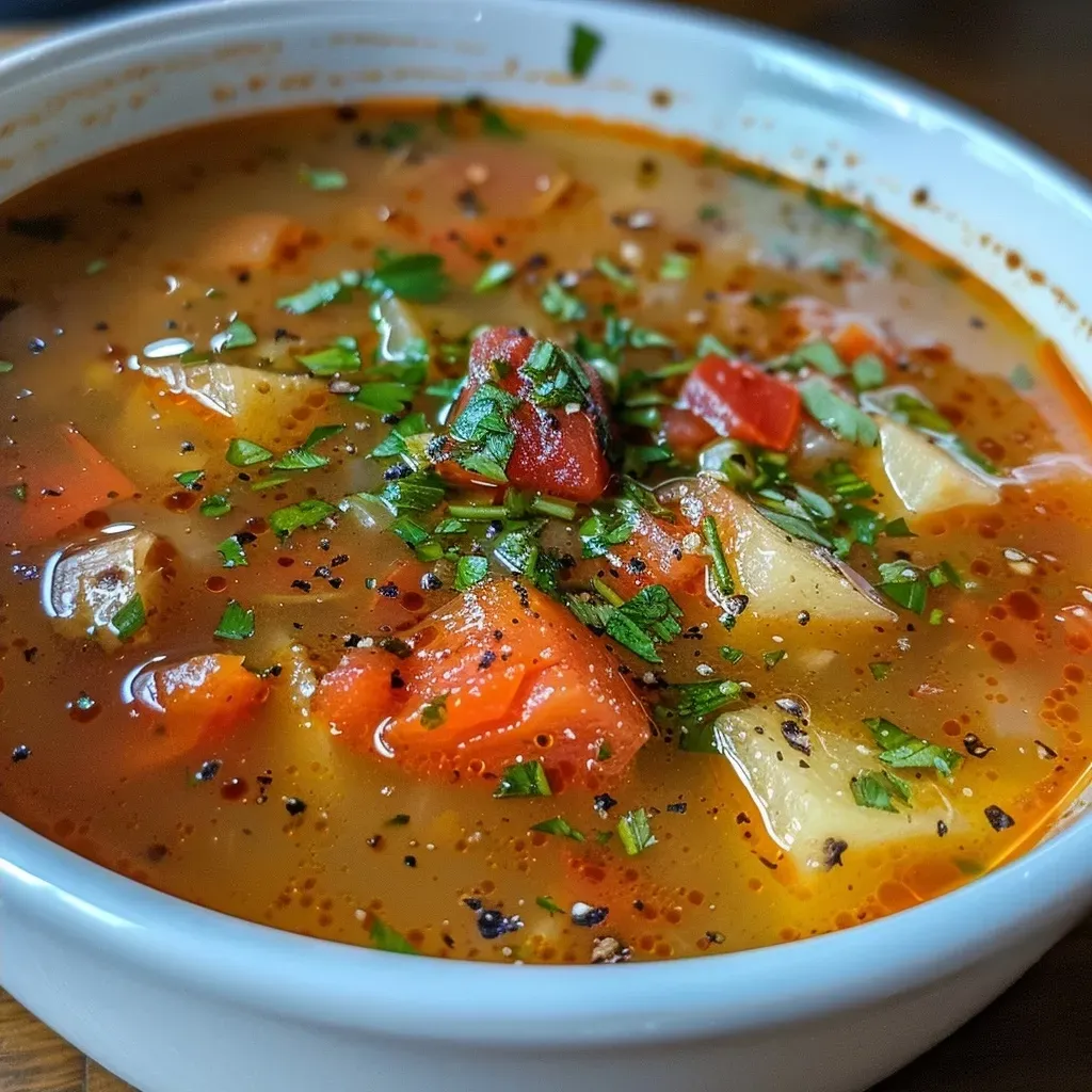 Close-up view of a rich, colorful Cabanossi Paprika soup with ingredients visible.