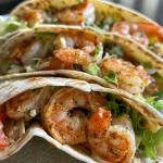 ['Close-up of a juicy Cajun shrimp wrap, showcasing vibrant ingredients.', 'Side view of a flavorful Cajun shrimp wrap filled with lettuce and tomatoes.', 'Delicious Cajun shrimp wrap with a sprinkle of Parmesan cheese, ready to eat.', 'Appetizing Cajun shrimp wrap, highlighting the shrimp and fresh vegetables inside.']
