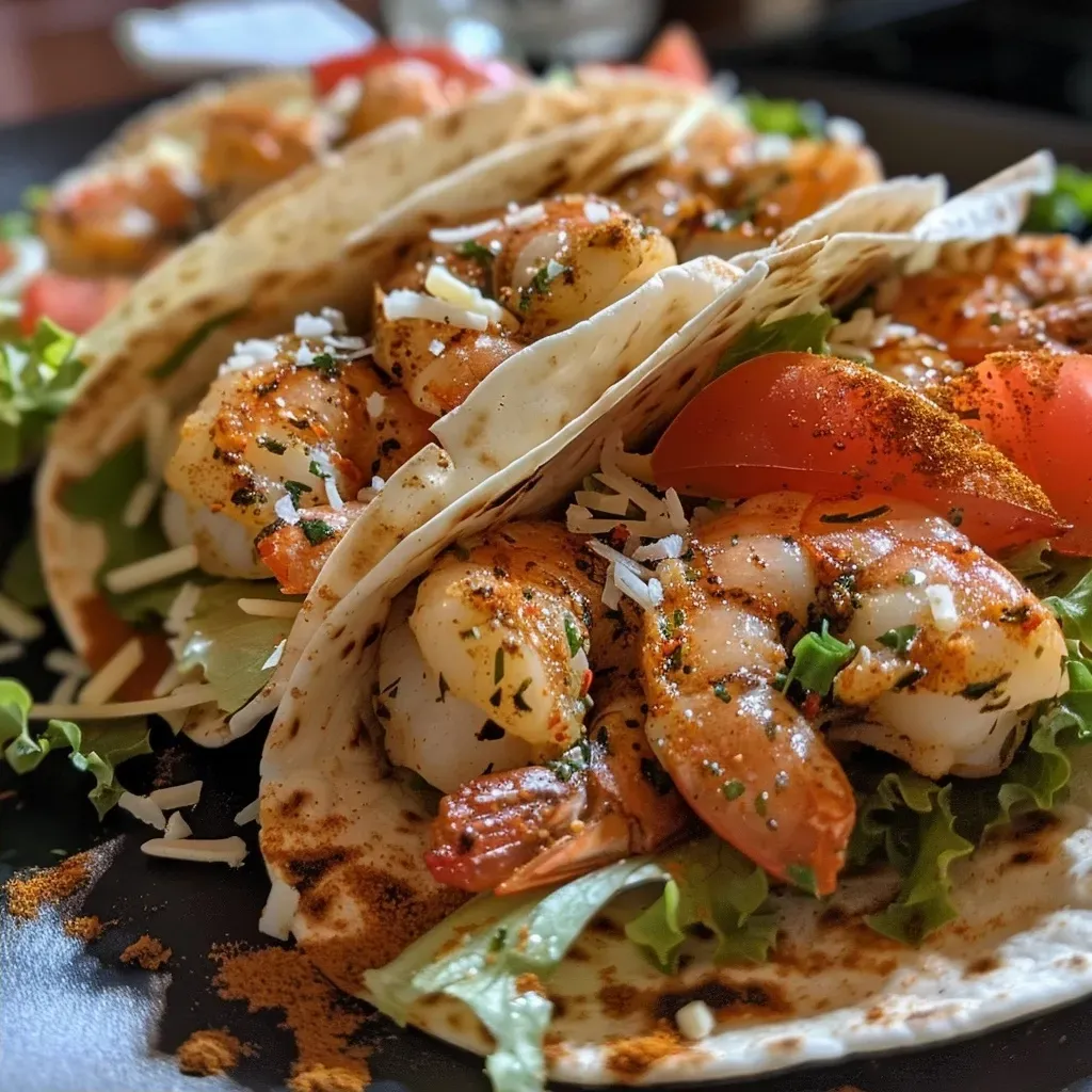 ['Close-up of a juicy Cajun shrimp wrap, showcasing vibrant ingredients.', 'Side view of a flavorful Cajun shrimp wrap filled with lettuce and tomatoes.', 'Delicious Cajun shrimp wrap with a sprinkle of Parmesan cheese, ready to eat.', 'Appetizing Cajun shrimp wrap, highlighting the shrimp and fresh vegetables inside.']