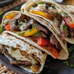 ['Close-up view of cheesy protein cheesesteak wraps with colorful vegetables.', 'Juicy cheesesteak wraps filled with steak, peppers, onions, and cheese.', 'Side view of a delicious cheesesteak wrap on a wooden board.', 'Tasty steak wraps stacked with vibrant bell peppers and melted provolone.']