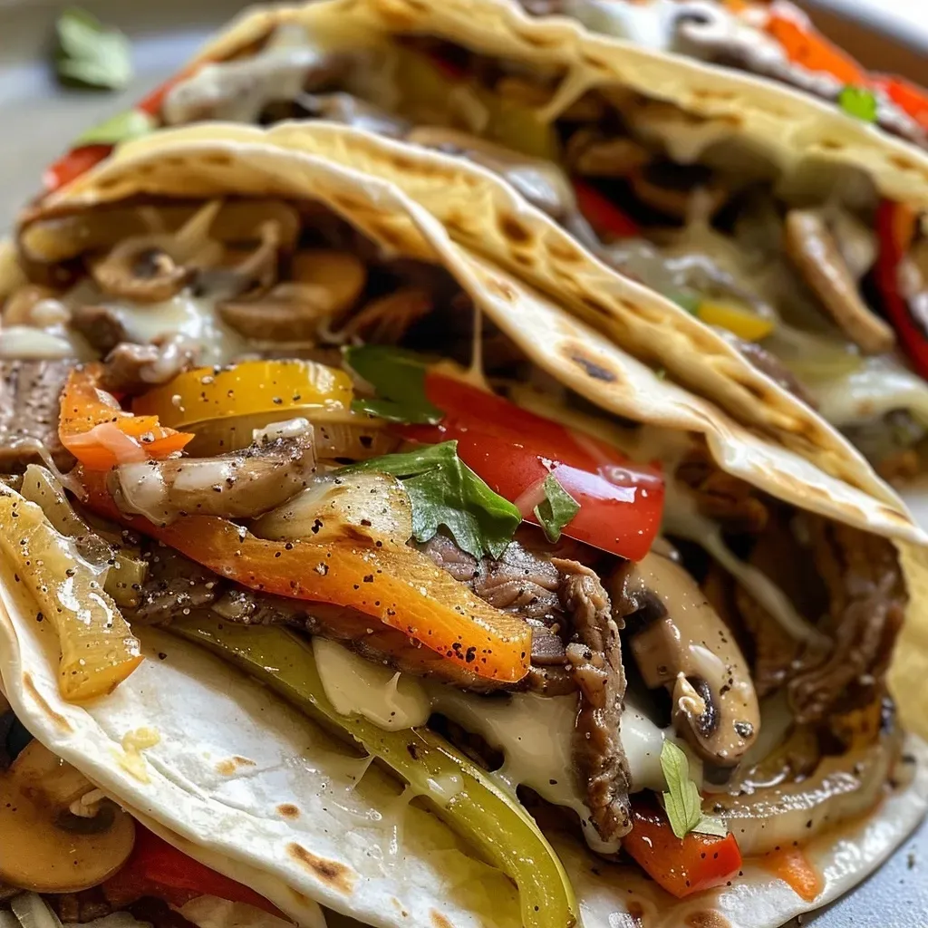['Close-up view of cheesy protein cheesesteak wraps with colorful vegetables.', 'Juicy cheesesteak wraps filled with steak, peppers, onions, and cheese.', 'Side view of a delicious cheesesteak wrap on a wooden board.', 'Tasty steak wraps stacked with vibrant bell peppers and melted provolone.']