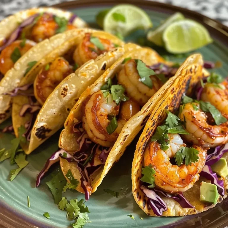 ['Close-up view of chili lime tacos filled with shrimp, garnished with fresh cilantro.', 'Side angle of shrimp tacos topped with shredded green and purple cabbage, lime wedges on the side.', 'Colorful chili lime shrimp tacos served on a plate, highlighting the vibrant toppings.', 'Juicy shrimp tacos with a mix of green and purple cabbage, drizzled with avocado dressing.']