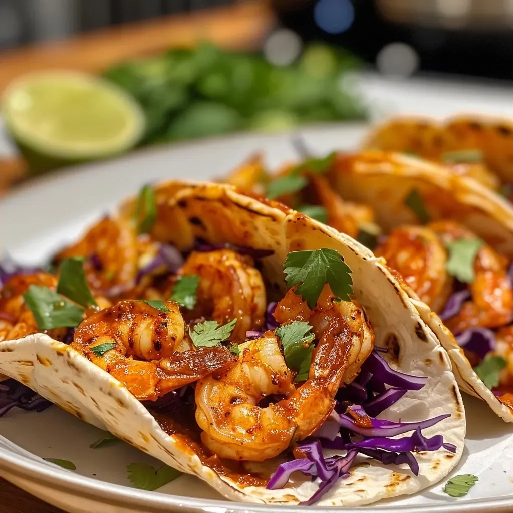 Close-up view of chili lime tacos filled with shrimp, garnished with fresh cilantro.