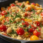 ['Close-up view of a colorful couscous dish with tomatoes and kidney beans.', 'Side angle of a vibrant couscous pan filled with cherry tomatoes and beans.', 'Juicy couscous mixed with kidney beans and tomatoes, displayed in a pan.', 'Detailed shot of a couscous mixture featuring kidney beans, tomatoes, and spices.']