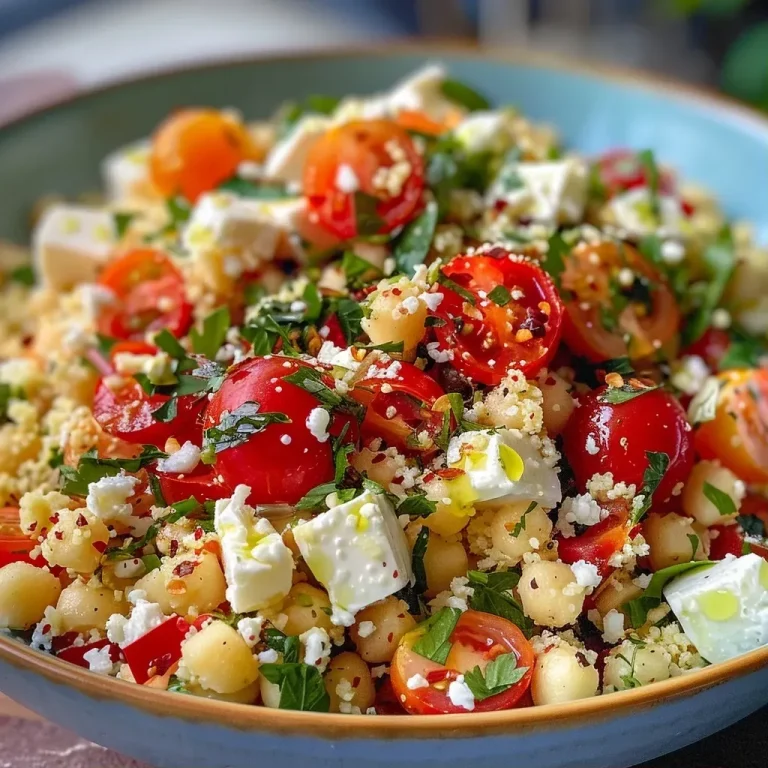 ['Close-up view of a vibrant couscous salad with feta, topped with fresh vegetables.', 'Side view of a colorful couscous salad featuring feta cheese and various chopped vegetables.', 'Detailed shot of a refreshing couscous salad with feta, showcasing peppers, cucumber, and tomatoes.', 'A close-up photo displaying a Mediterranean couscous salad with feta and herbs.']