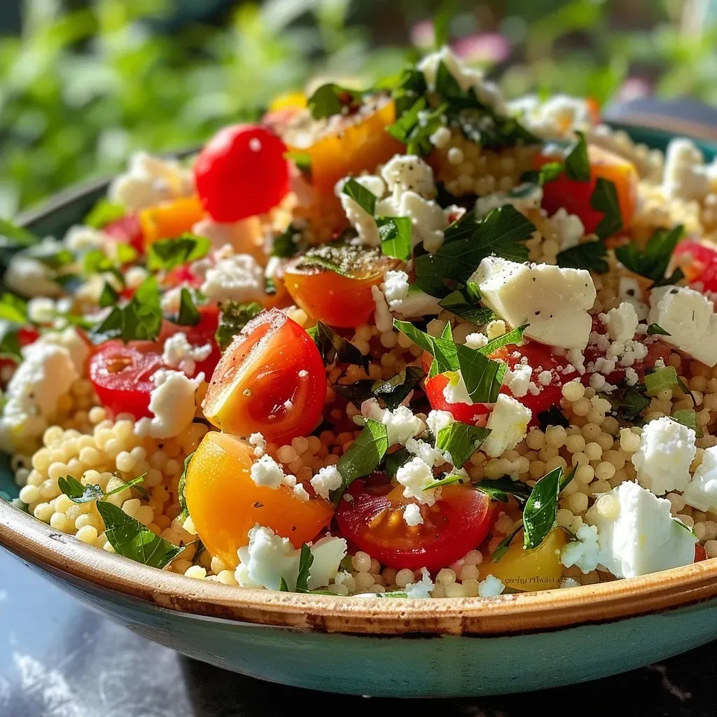 Close-up view of a vibrant couscous salad with feta, topped with fresh vegetables.