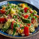 ['Close-up view of a vibrant couscous salad with colorful vegetables.', 'Side view of a delicious-looking couscous salad featuring diced vegetables and herbs.', 'Detailed shot of a couscous salad, showcasing fresh ingredients like tomatoes and cucumbers.', 'Close-up of a hearty couscous salad with chickpeas and peppers on a plate.']
