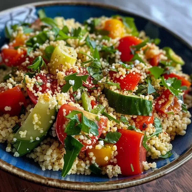['Close-up view of a vibrant couscous salad with colorful vegetables.', 'Side view of a delicious-looking couscous salad featuring diced vegetables and herbs.', 'Detailed shot of a couscous salad, showcasing fresh ingredients like tomatoes and cucumbers.', 'Close-up of a hearty couscous salad with chickpeas and peppers on a plate.']