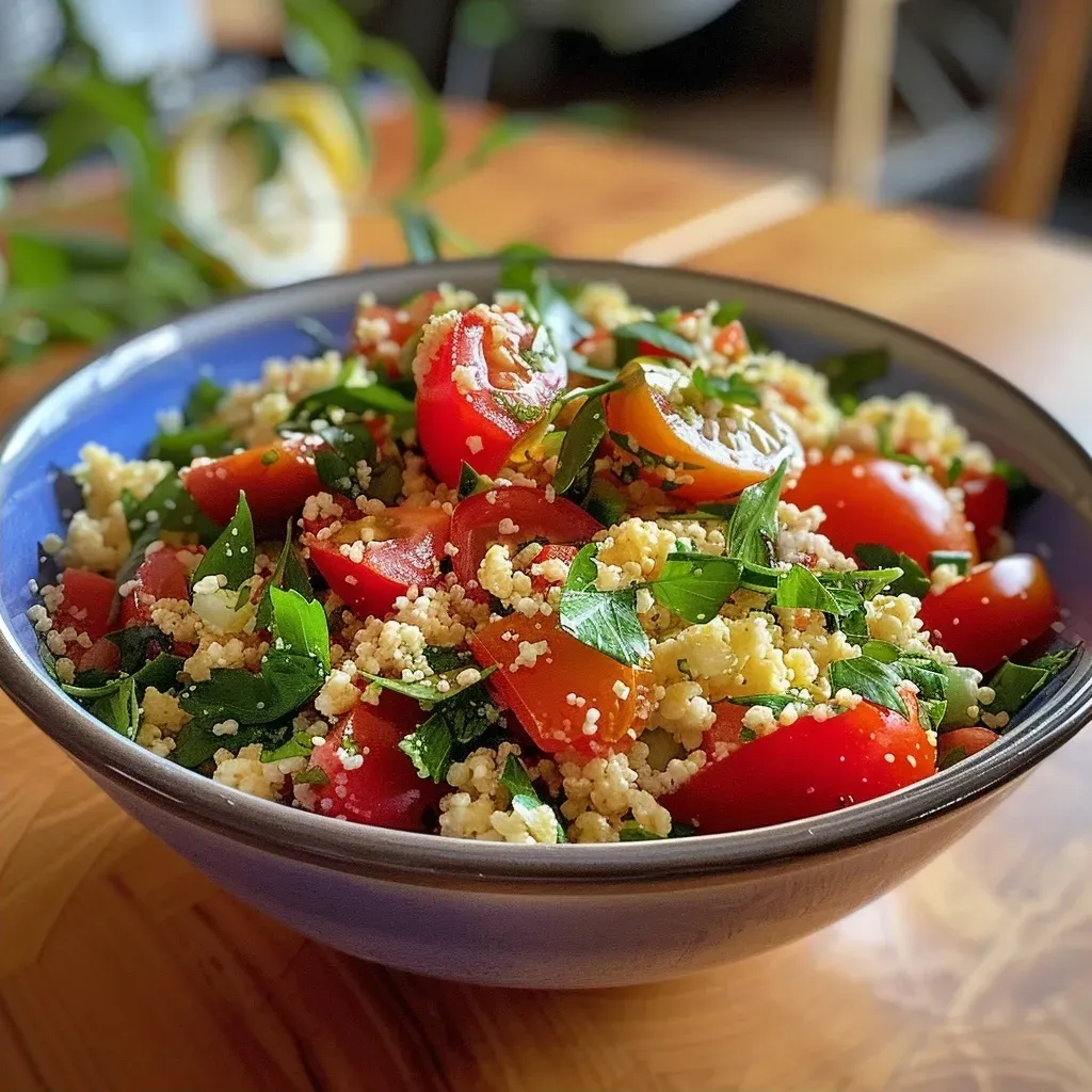 A vibrant close-up of Couscous Sommersalat with colorful ingredients.