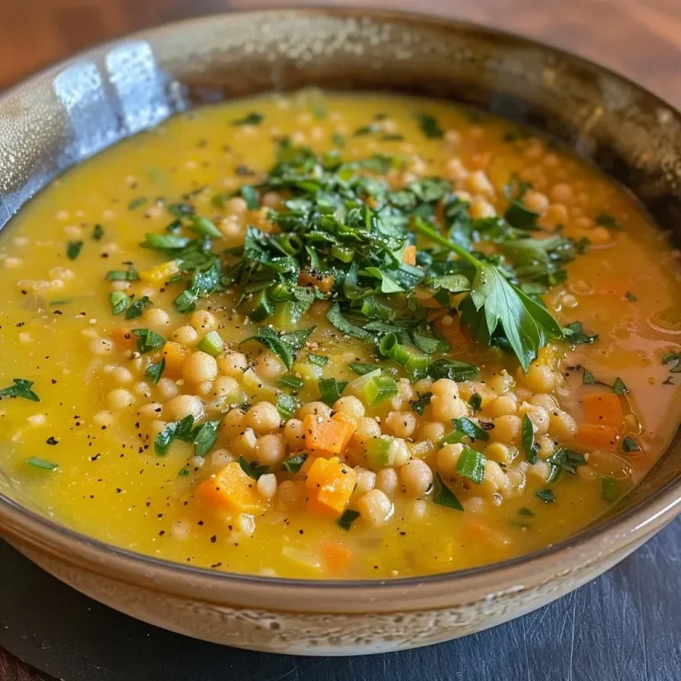 ['Close-up of a bowl of Couscous Soup with colorful vegetables and herbs.', 'Side view of a steaming bowl of Couscous Soup featuring fresh mint and cilantro.', 'Detailed shot of Couscous Soup highlighting diced carrots, onions, and herbs.', 'Vibrant Couscous Soup in a bowl, showcasing its rich ingredients and textures.']