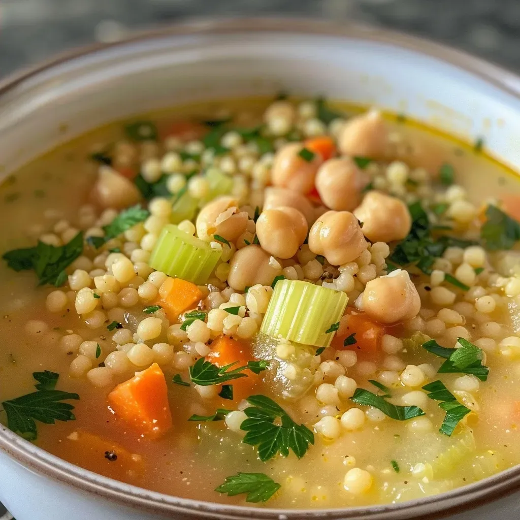 Close-up of a bowl of Couscous Soup with colorful vegetables and herbs.
