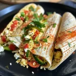 ['Close-up view of a colorful couscous wrap filled with fresh vegetables.', 'A side view of a juicy couscous wrap showcasing its vibrant ingredients.', 'Detailed shot of a couscous wrap with visible fillings like peppers and feta cheese.', 'Close-up image highlighting a delicious couscous wrap packed with fresh salad ingredients.']