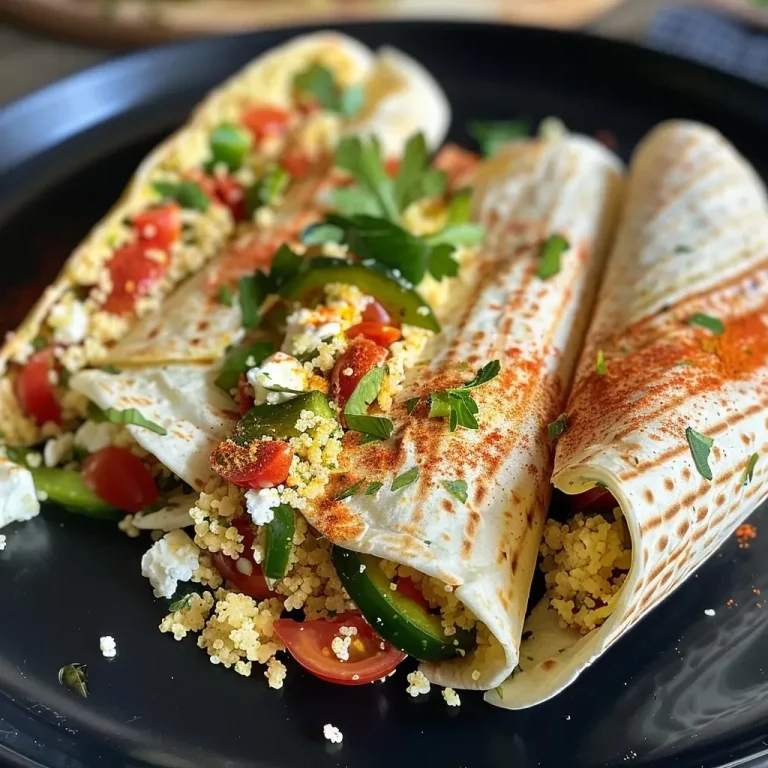 ['Close-up view of a colorful couscous wrap filled with fresh vegetables.', 'A side view of a juicy couscous wrap showcasing its vibrant ingredients.', 'Detailed shot of a couscous wrap with visible fillings like peppers and feta cheese.', 'Close-up image highlighting a delicious couscous wrap packed with fresh salad ingredients.']