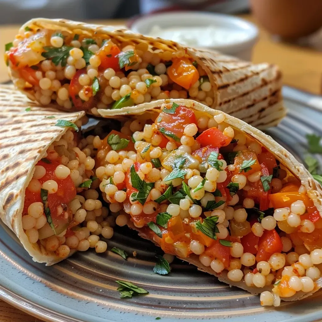 Close-up view of a colorful couscous wrap filled with fresh vegetables.