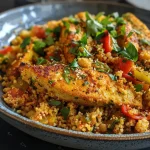 ['Close-up side view of a delicious couscous casserole with turkey breast, garnished with herbs.', 'Juicy couscous dish featuring turkey breast, vibrant vegetables, and crumbled cheese.', 'A savory couscous casserole highlighting turkey, colorful vegetables, and fresh herbs.', 'Detailed view of a turkey couscous bake, showcasing its fluffy texture and rich ingredients.']