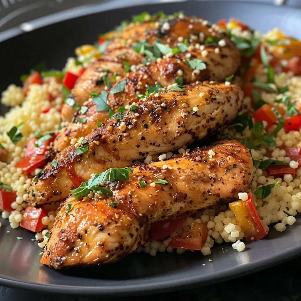 Close-up side view of a delicious couscous casserole with turkey breast, garnished with herbs.